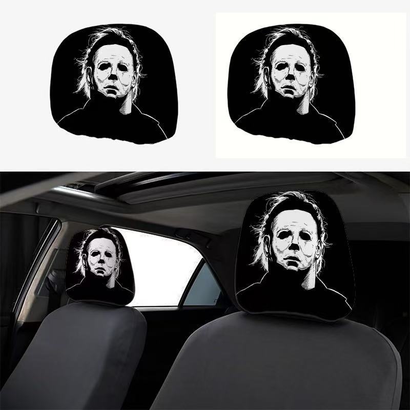 Black Skull Car Printed Headrest Cover Universal Elastic Style Funny and Interesting Universal Headgear