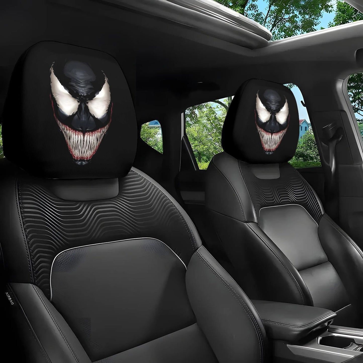 Black Skull Funny Car Print Headrest Cover Universal Elastic