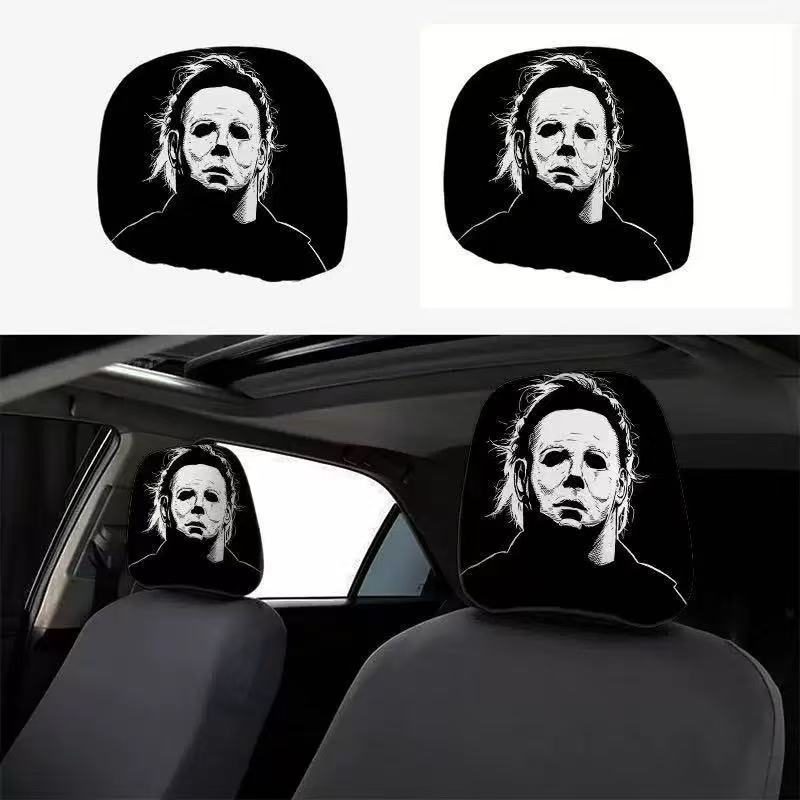 Black Skull Funny Car Print Headrest Cover Universal Elastic