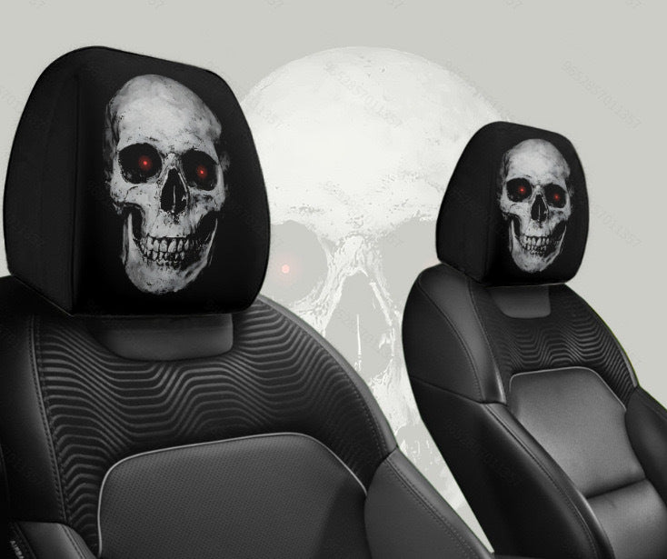 Black Skull Funny Car Print Headrest Cover Universal Elastic