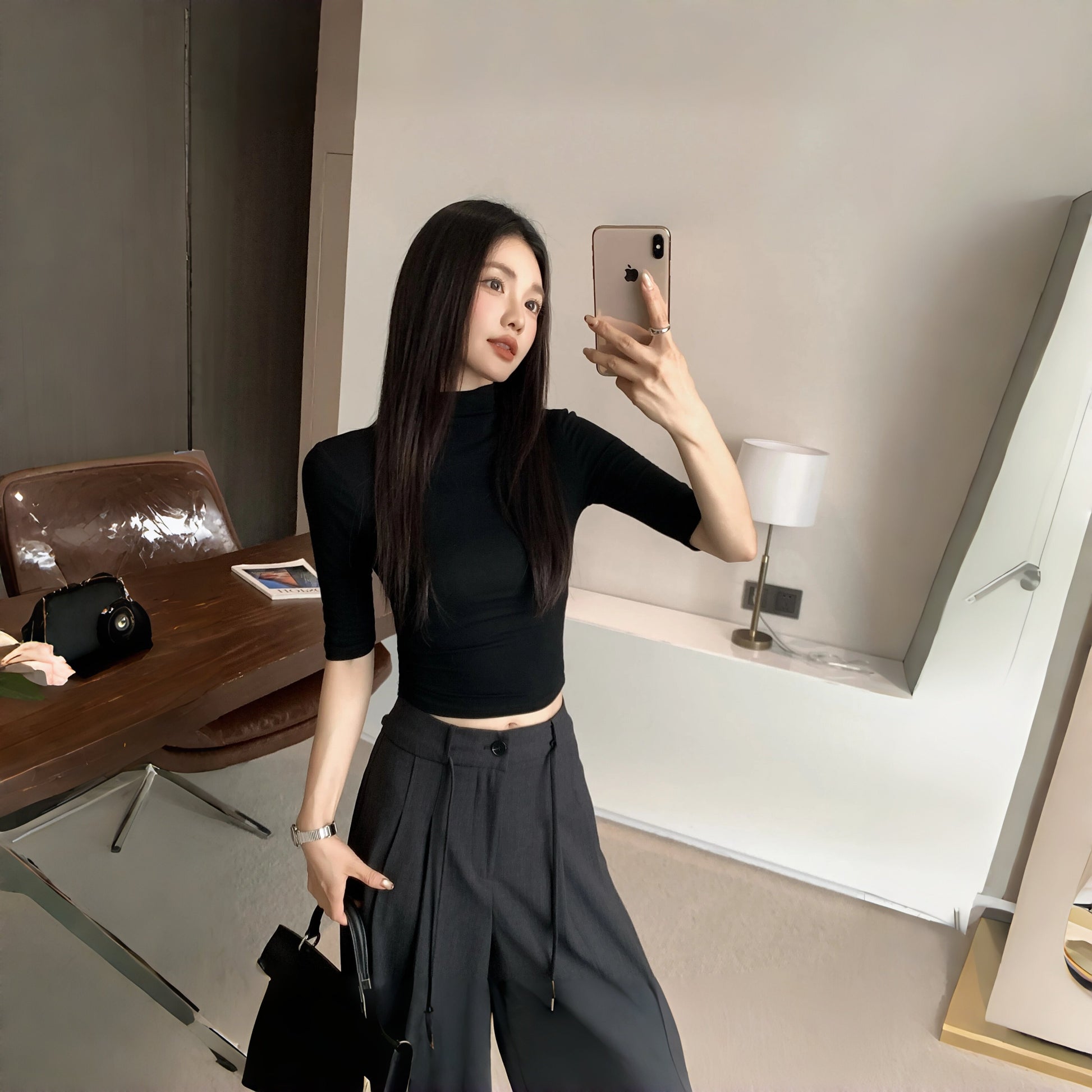 Black Slim Fit Mid-Sleeve Womens Top