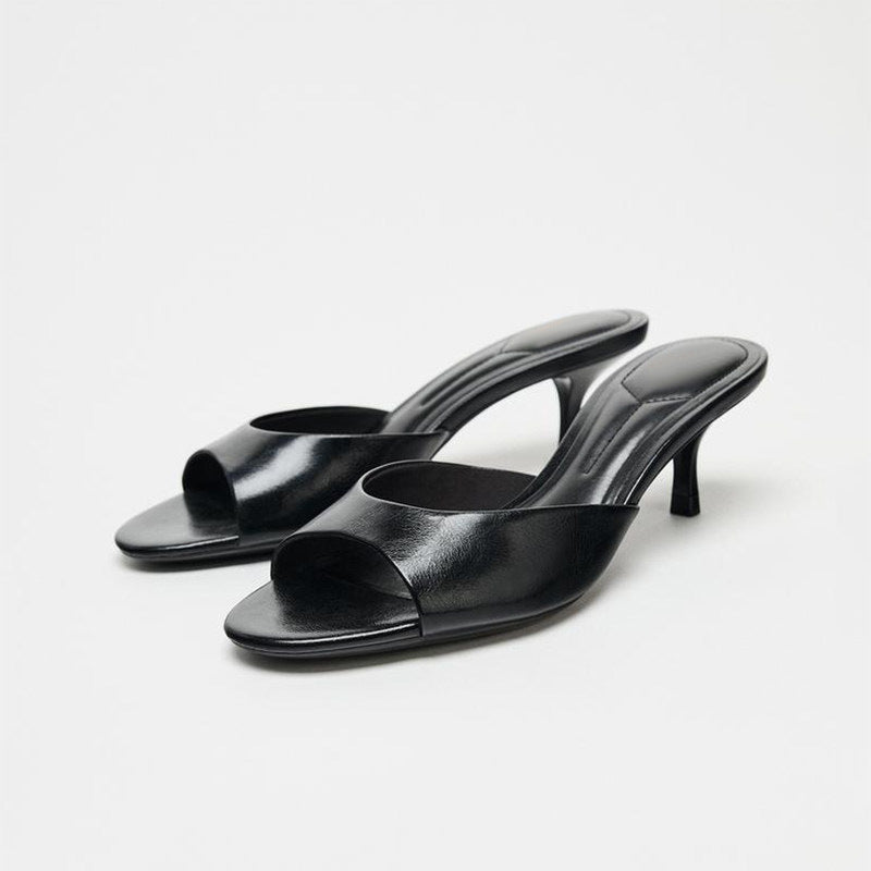 Black Stiletto High Heels Half-Mule Peep-Toe Low-Heeled Sandals for Women