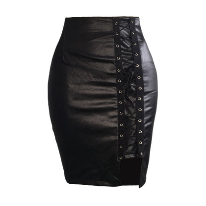 Black strapped, figure-hugging, slit leather skirt