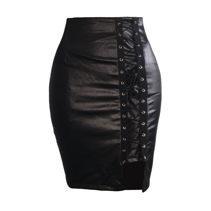 Black strapped, figure-hugging, slit leather skirt
