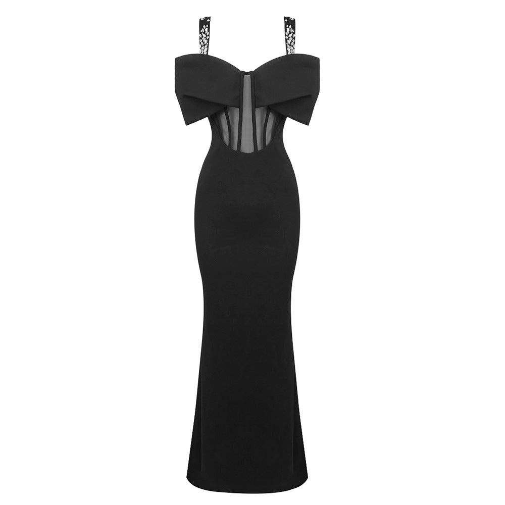 Black Studded Bow Long Dress