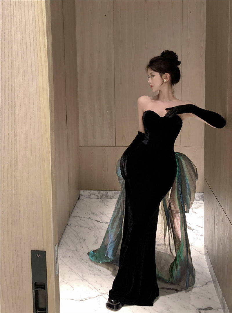 Black Velvet Strapless Bow Dress