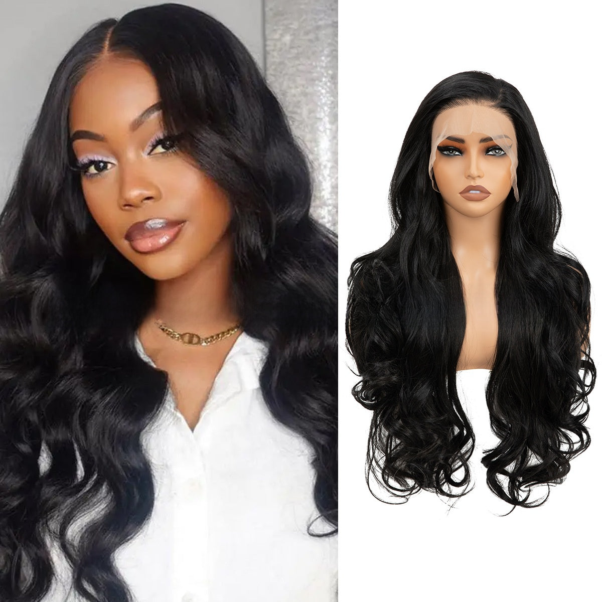 Black Wavy Long Curly Front Lace Wig