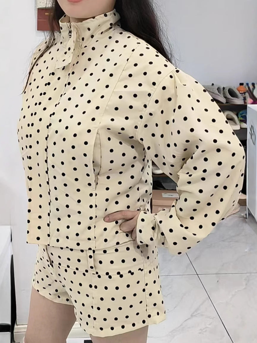 Black White Apricot Dot Set Women's Jacket Shorts Set