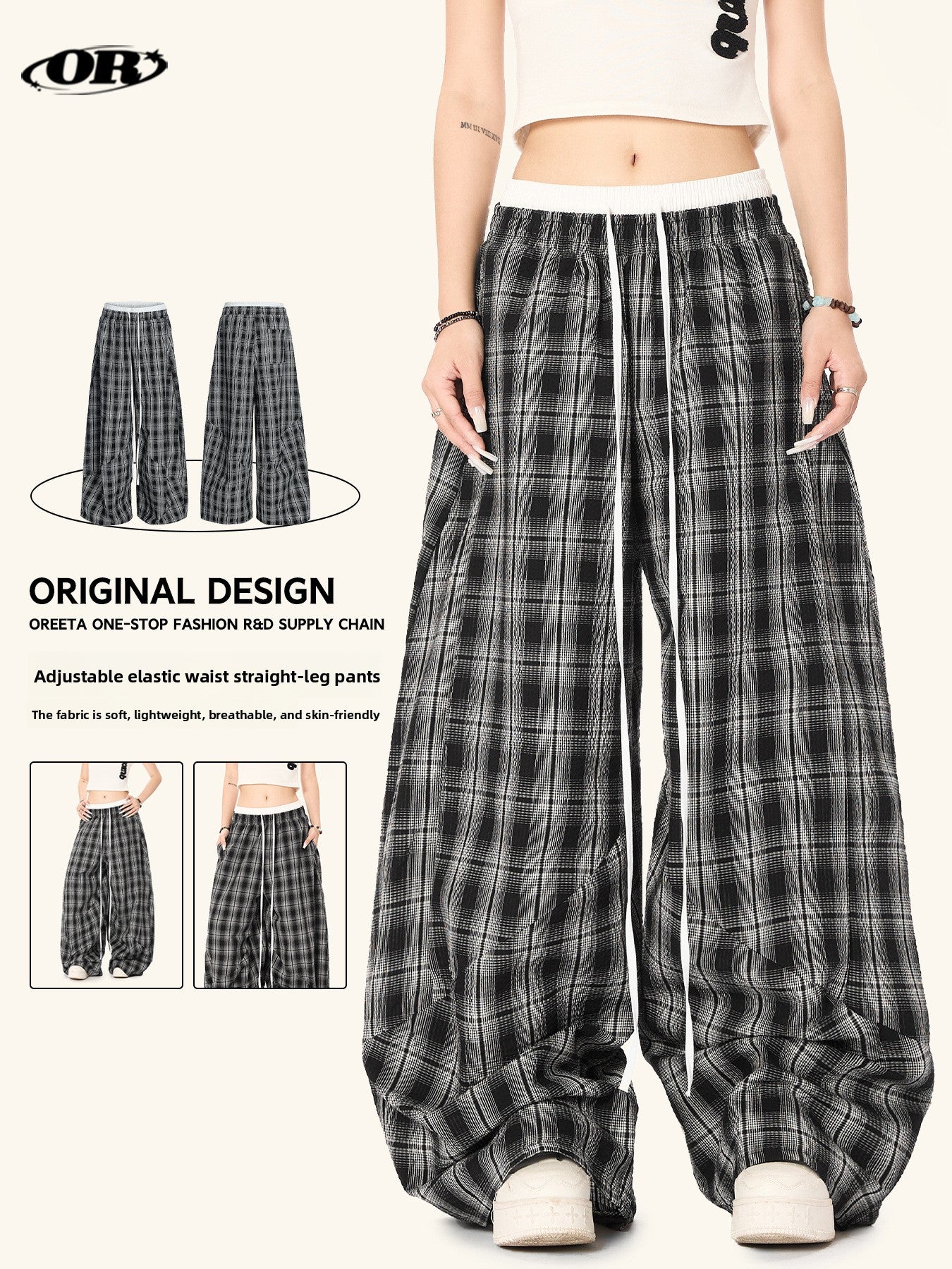 Black White Plaid High Waist Straight Leg Pants