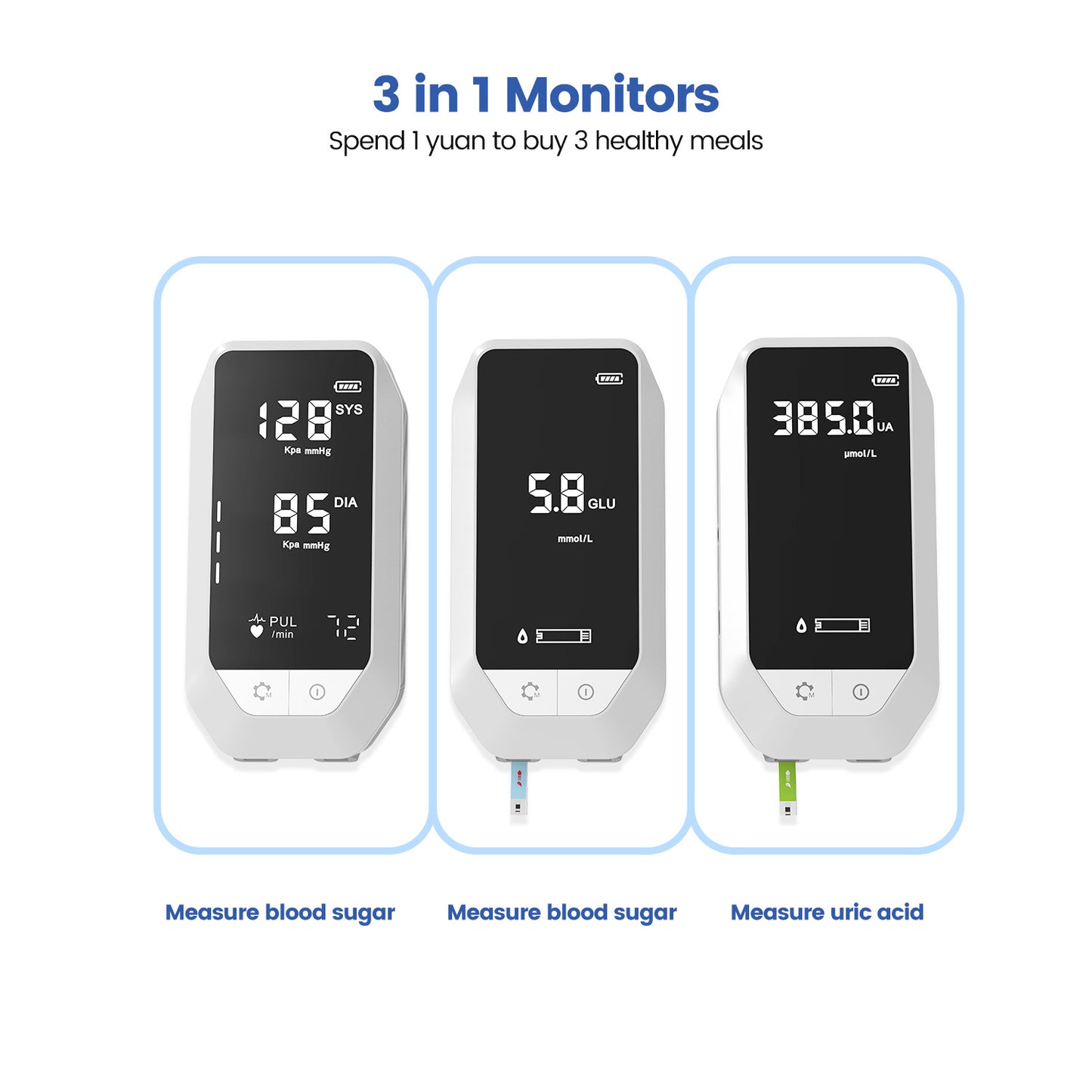 Blood Sugar Blood Pressure Uric Acid Monitor with Test Strips