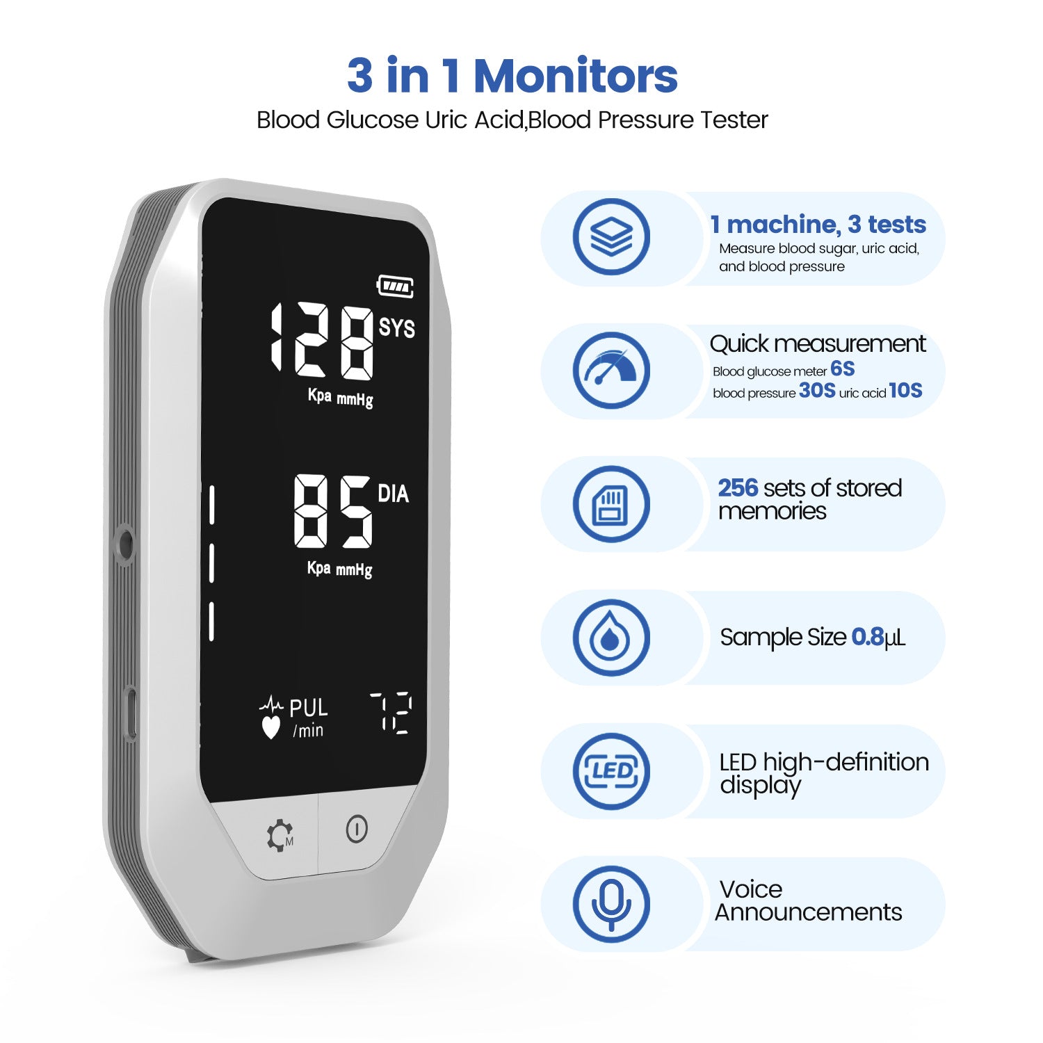 Blood Sugar Blood Pressure Uric Acid Monitor with Test Strips