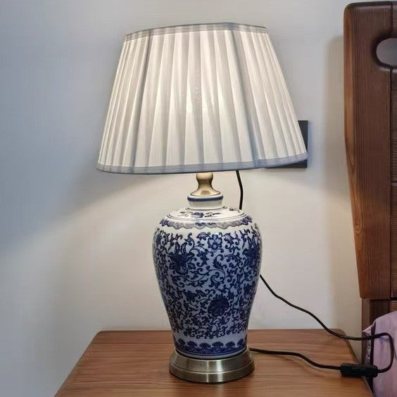 Blue and White Ceramic Table Lamp for Bedroom and Living Room