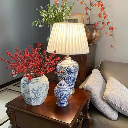 Blue and White Ceramic Table Lamp for Bedroom and Living Room