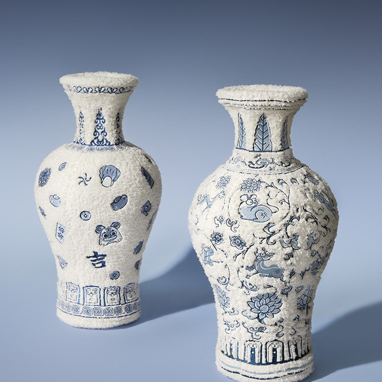 Blue and White Porcelain Plush Decorative Vase with Zodiac Design