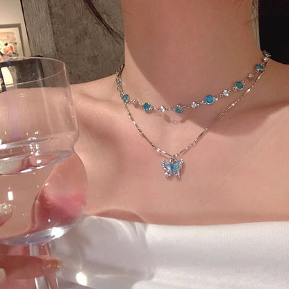 Blue Butterfly Necklace for Women Layered Necklace with Beaded Chain Silver Necklace with Dainty Pendant Jewelry Sets for Trendy Fashion Accessories Gifts for Birthday Mothers Day