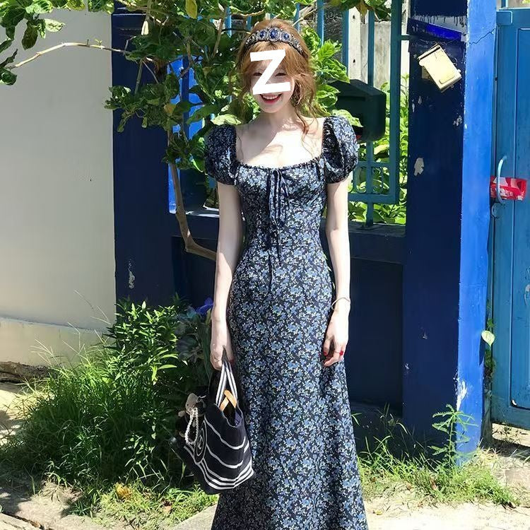 Blue floral print long dress