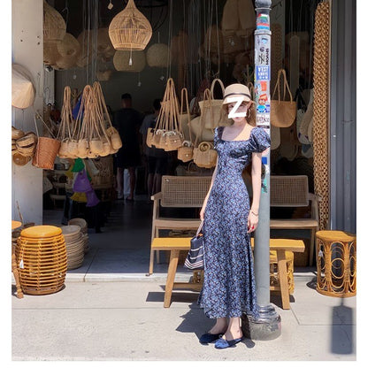 Blue floral print long dress