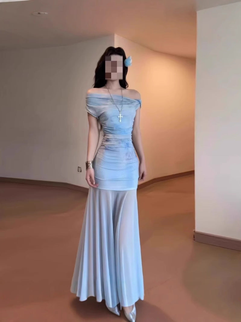 Blue mesh off-shoulder dress for women