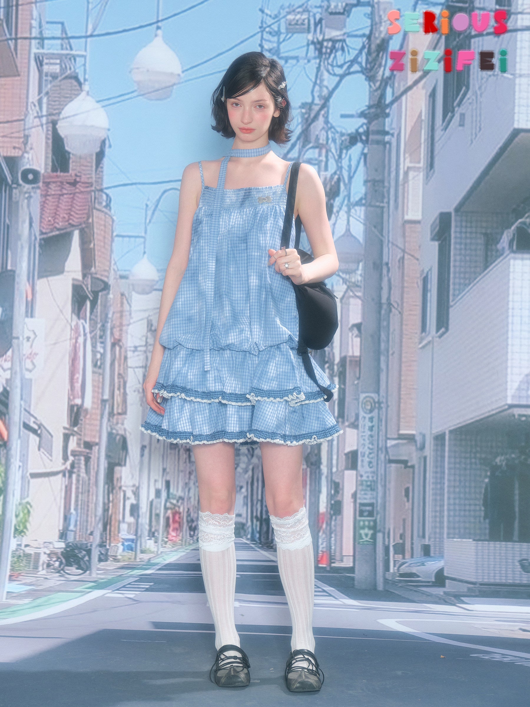 Blue Plaid Lace Hem Suspender Dress