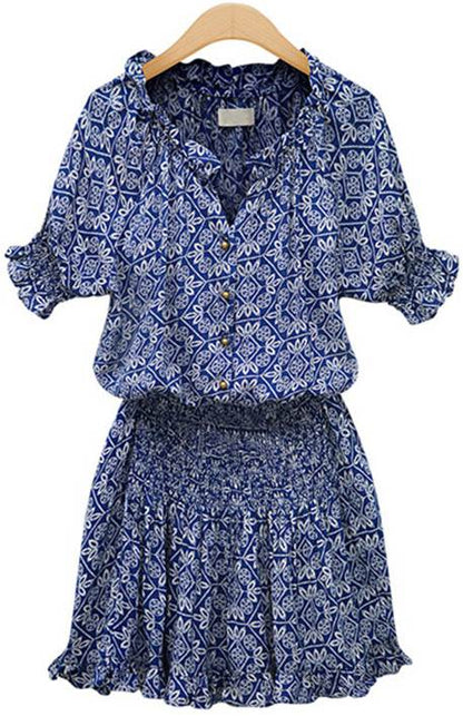 Blue Printed V Neck Short-Sleeved Dress Short Skirt
