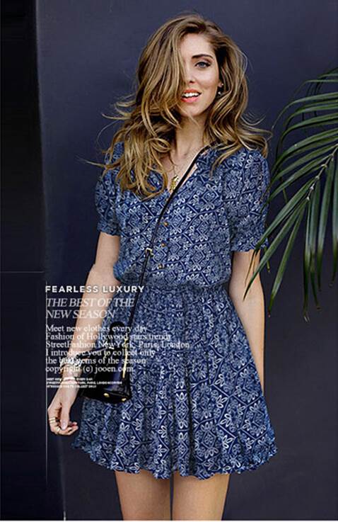 Blue Printed V Neck Short-Sleeved Dress Short Skirt
