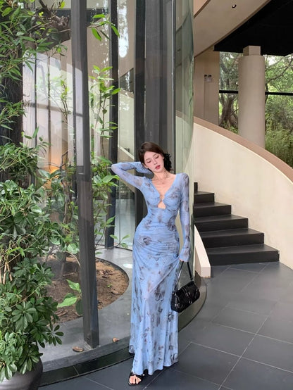 Blue Tie-Dye V-Neck Long-Sleeve Dress