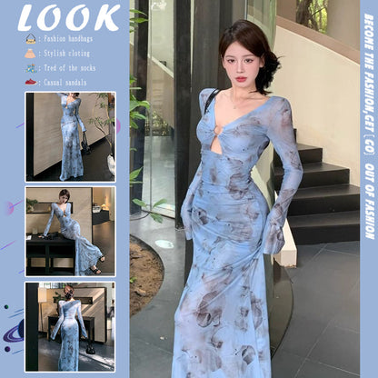 Blue Tie-Dye V-Neck Long-Sleeve Dress