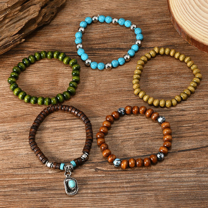 Bohemian Coconut Shell Wood Beads Turquoise Bracelet Set