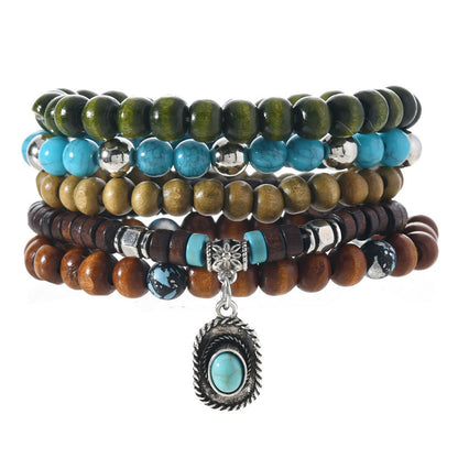 Bohemian Coconut Shell Wood Beads Turquoise Bracelet Set