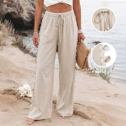 Bohemian Drawstring Wide-Leg Pants with Shell Decoration