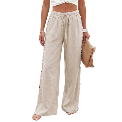 Bohemian Drawstring Wide-Leg Pants with Shell Decoration