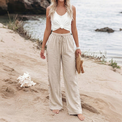 Bohemian Drawstring Wide-Leg Pants with Shell Decoration