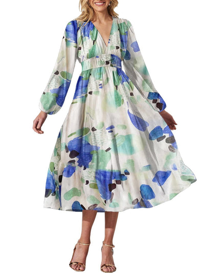 Bohemian Floral Print Lantern Sleeve Dress