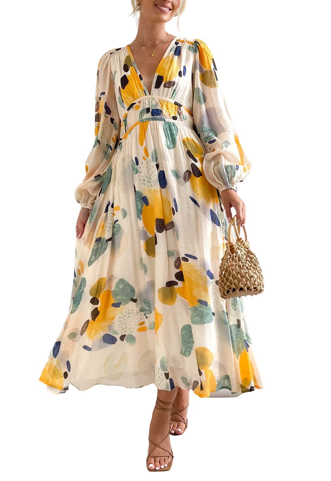 Bohemian Floral Print Lantern Sleeve Dress