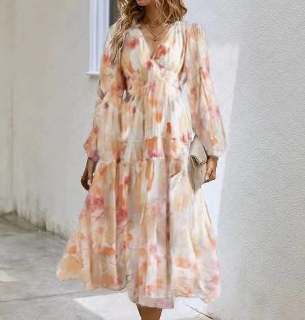 Bohemian Floral Print Lantern Sleeve Dress