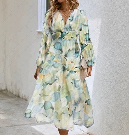Bohemian Floral Print Lantern Sleeve Dress