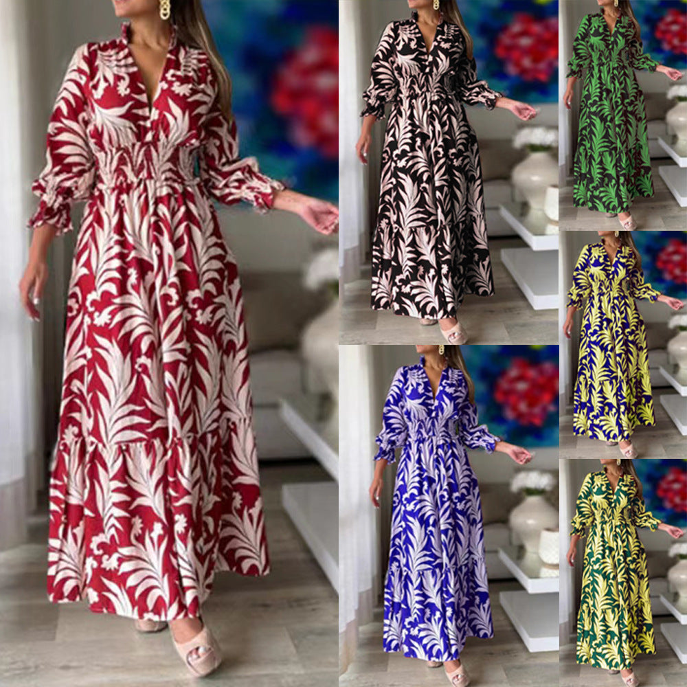 Bohemian Floral Print Long Dress with Bubble Sleeves