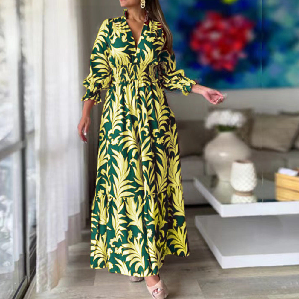 Bohemian Floral Print Long Dress with Bubble Sleeves