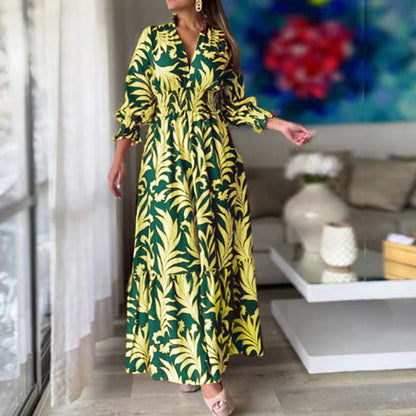 Bohemian Floral Print Long Dress with Bubble Sleeves