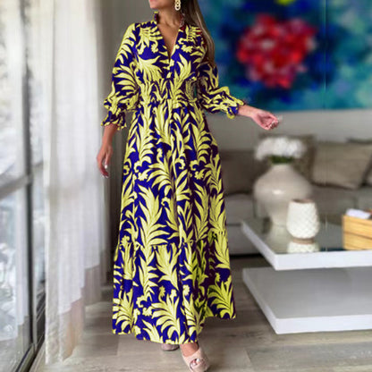 Bohemian Floral Print Long Dress with Bubble Sleeves