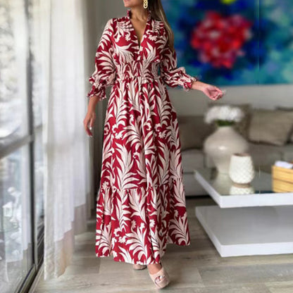 Bohemian Floral Print Long Dress with Bubble Sleeves