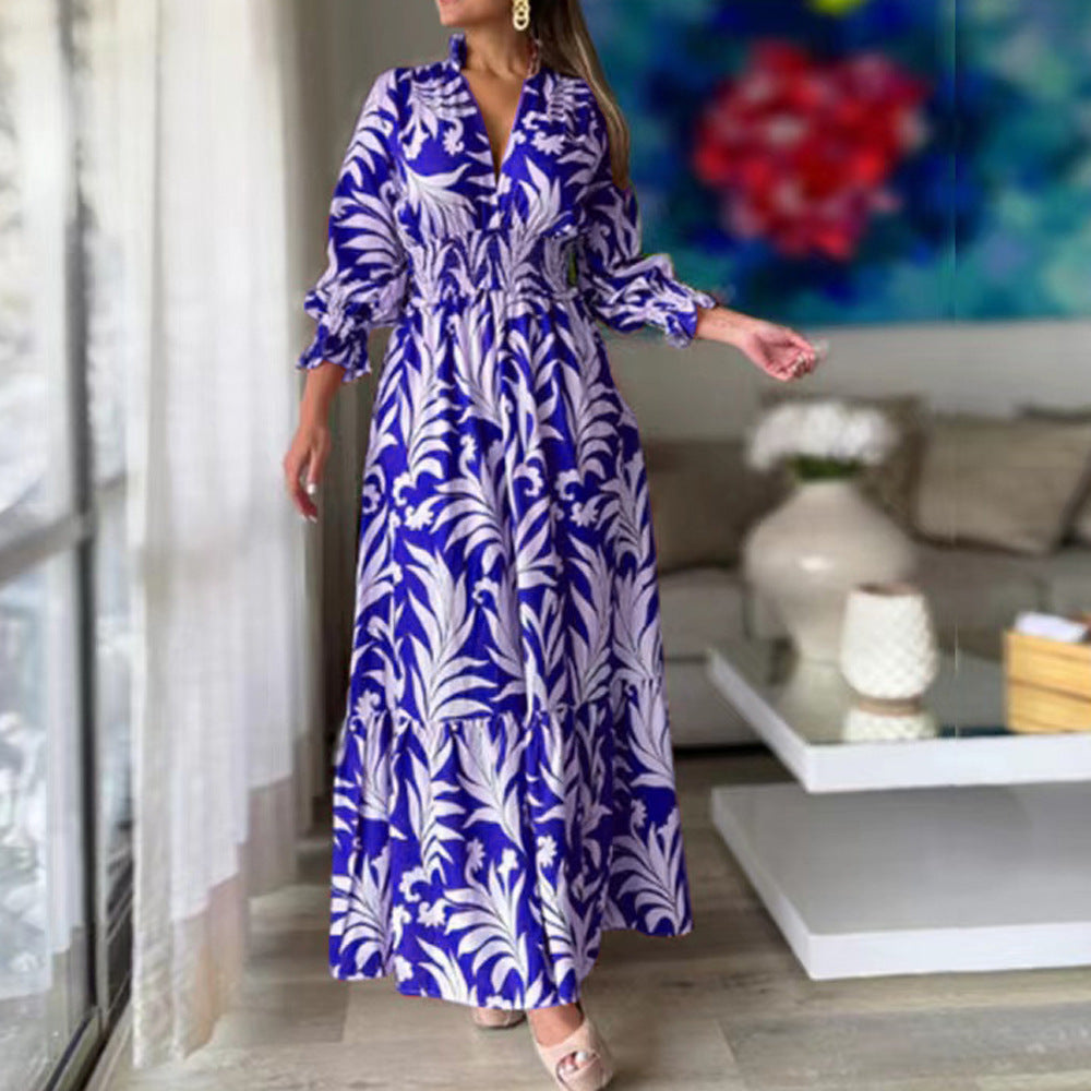 Bohemian Floral Print Long Dress with Bubble Sleeves