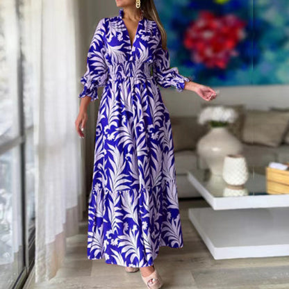 Bohemian Floral Print Long Dress with Bubble Sleeves