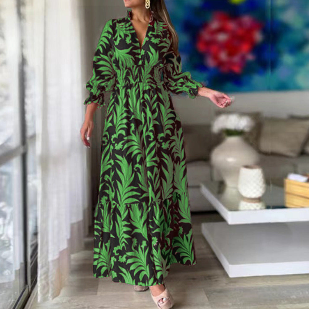 Bohemian Floral Print Long Dress with Bubble Sleeves