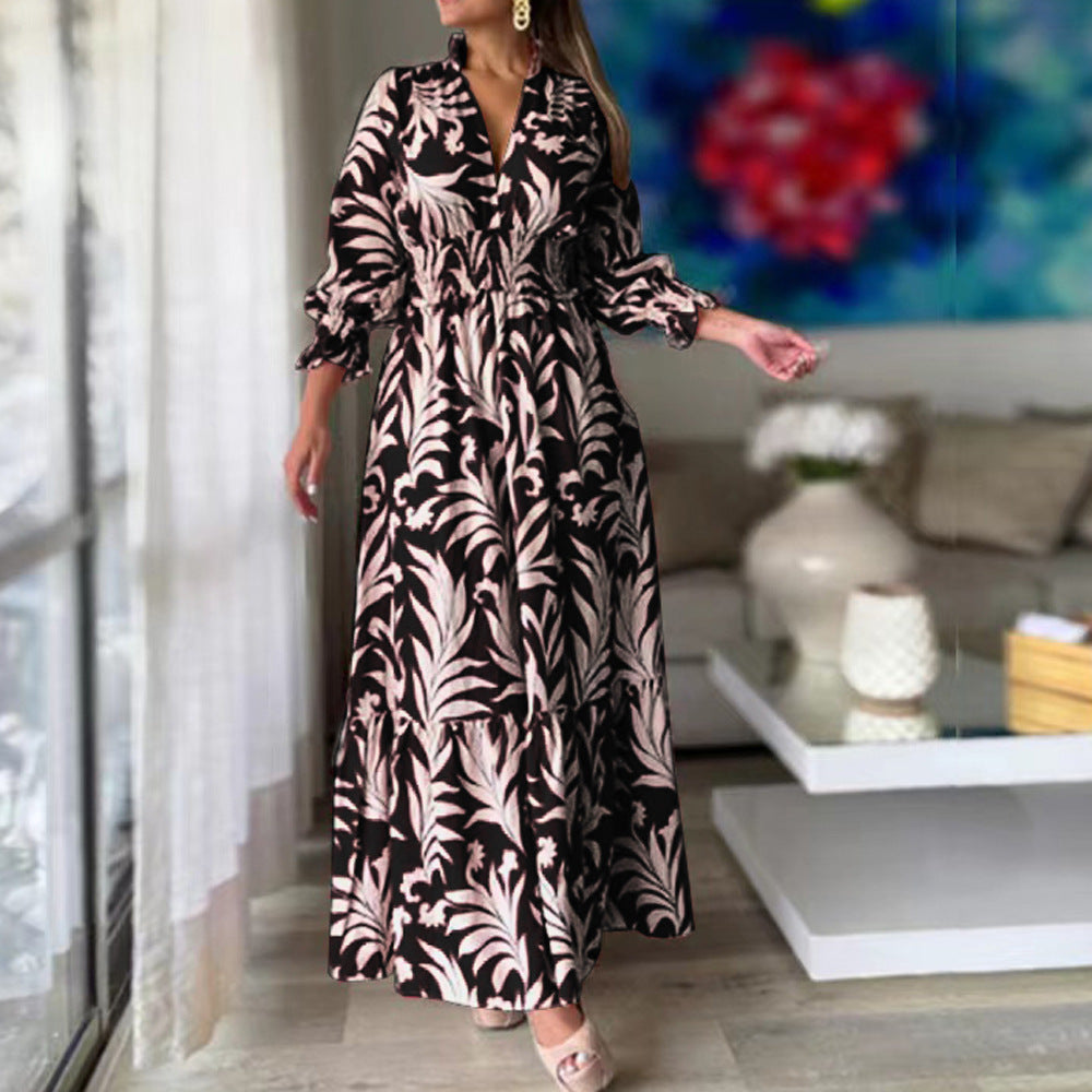 Bohemian Floral Print Long Dress with Bubble Sleeves