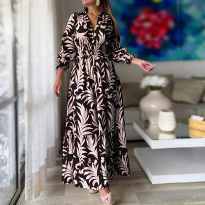 Bohemian Floral Print Long Dress with Bubble Sleeves