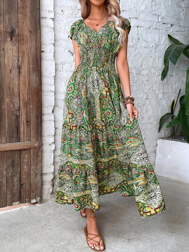 Bohemian Floral Print V-Neck Long Dress