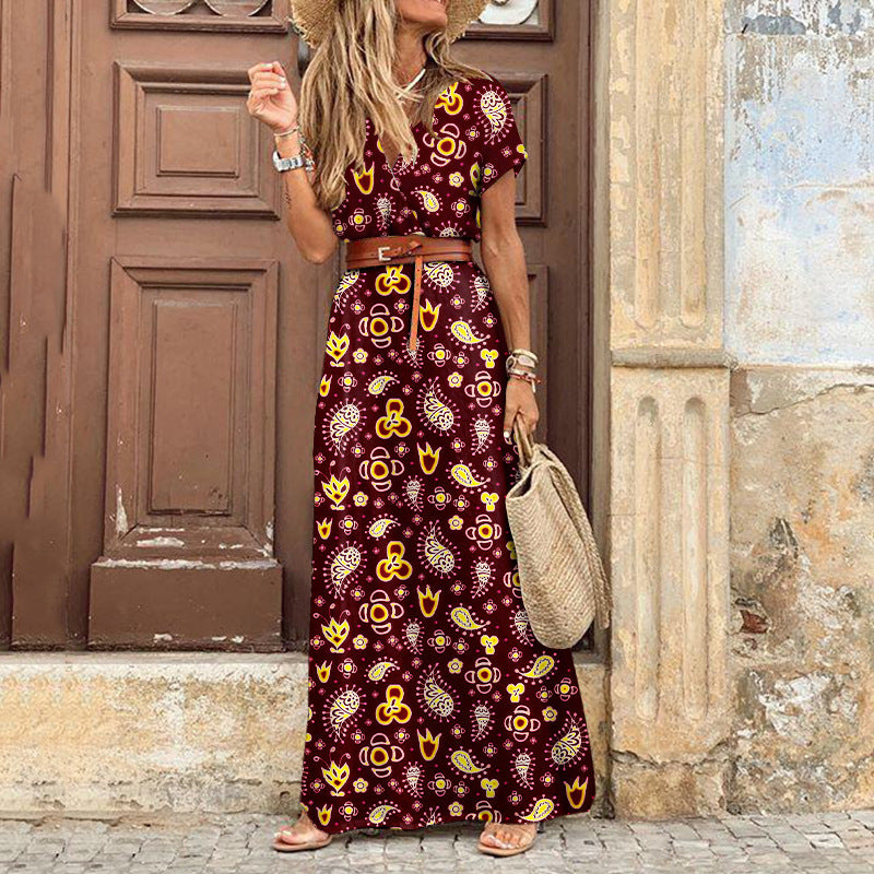 Bohemian Floral Print V-Neck Long Dress
