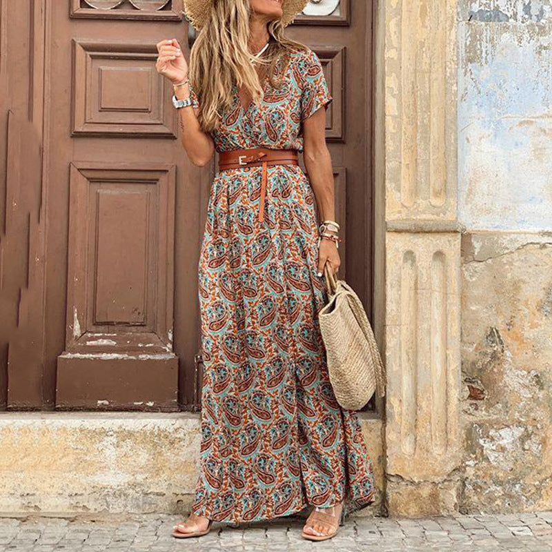 Bohemian Floral Print V-Neck Long Dress