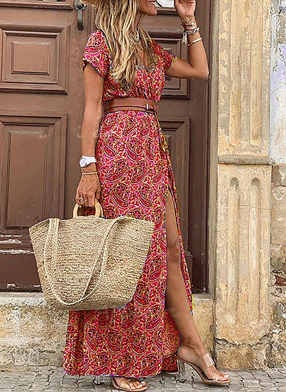 Bohemian Floral Print V-Neck Long Dress